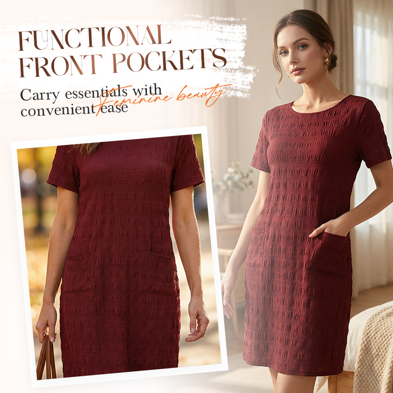 ⌛Zeitlich begrenztes Angebot👗 Damen Rundhals-Kleid mit Textur, knielang – gemacht für den Alltag✨