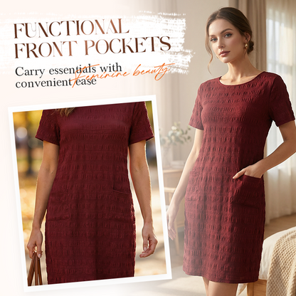 ⌛Zeitlich begrenztes Angebot👗 Damen Rundhals-Kleid mit Textur, knielang – gemacht für den Alltag✨
