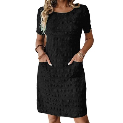 ⌛Zeitlich begrenztes Angebot👗 Damen Rundhals-Kleid mit Textur, knielang – gemacht für den Alltag✨