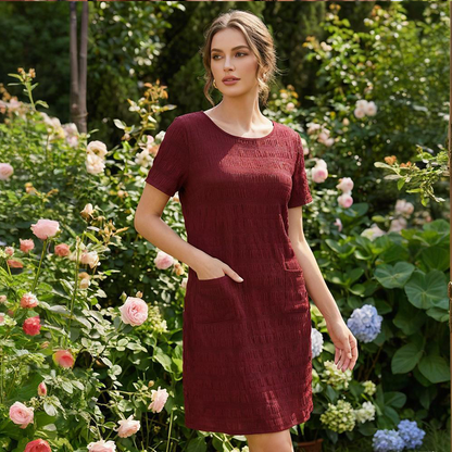 ⌛Zeitlich begrenztes Angebot👗 Damen Rundhals-Kleid mit Textur, knielang – gemacht für den Alltag✨