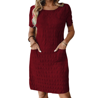 ⌛Zeitlich begrenztes Angebot👗 Damen Rundhals-Kleid mit Textur, knielang – gemacht für den Alltag✨