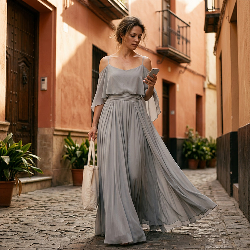 💃 Women’s Elegant Cold Shoulder Flowing Maxi Dress– Elegant, Flowy & Perfect For Special Occasions✨