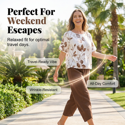 🌿👗Effortless Printed Tee Set – Elegant Top & Tulip Hem Trousers ✨