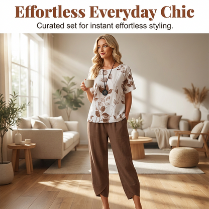 🌿👗Effortless Printed Tee Set – Elegant Top & Tulip Hem Trousers ✨