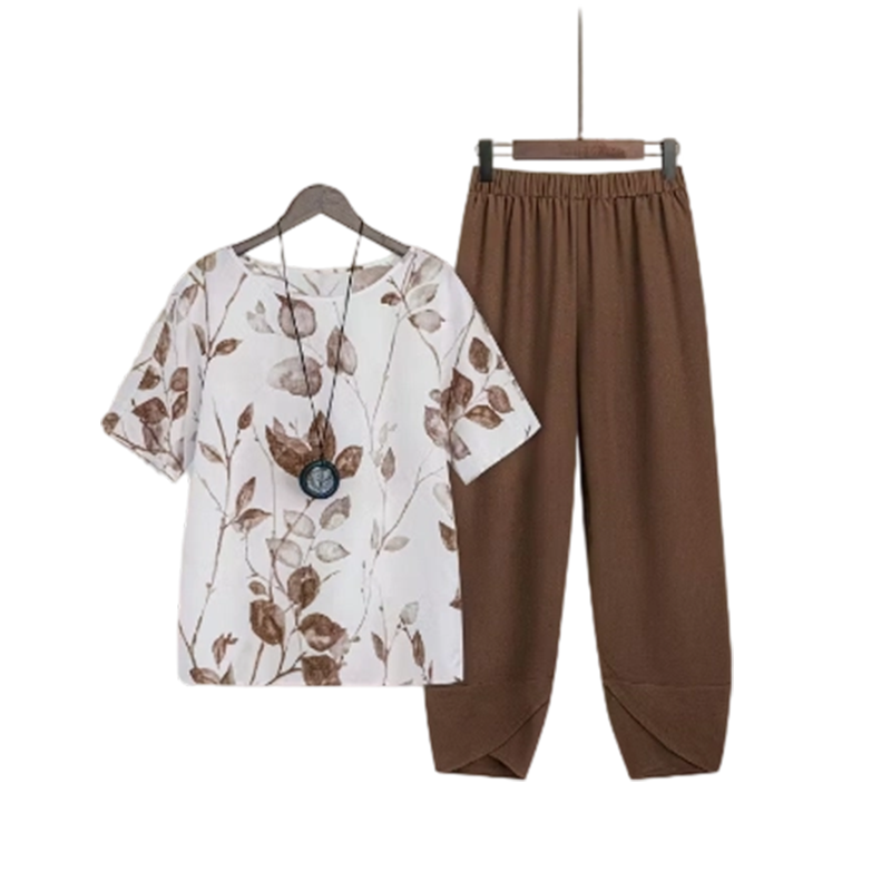 🌿👗Effortless Printed Tee Set – Elegant Top & Tulip Hem Trousers ✨