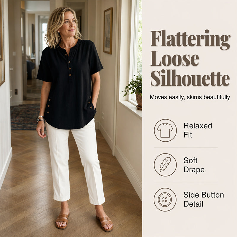 👕Women’s Relaxed Henley Top – Soft Casual Short Sleeve Shirt With Side Button Detail ✨