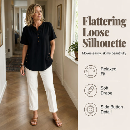 👕Women’s Relaxed Henley Top – Soft Casual Short Sleeve Shirt With Side Button Detail ✨