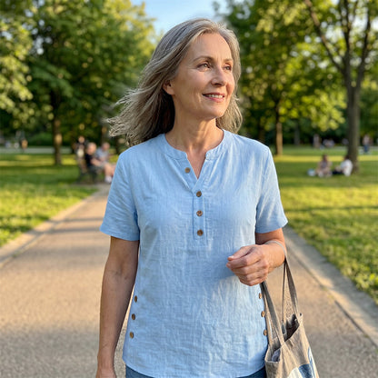 👕Women’s Relaxed Henley Top – Soft Casual Short Sleeve Shirt With Side Button Detail ✨
