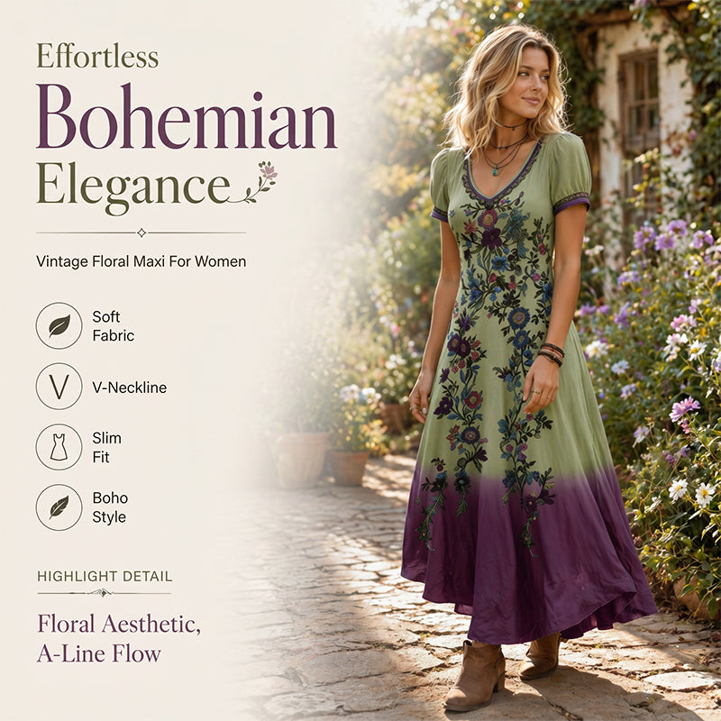 🌸✨Women's Vintage V-Neck Floral Maxi Dress – Flowy, Comfortable & Beautifully Feminine☀️