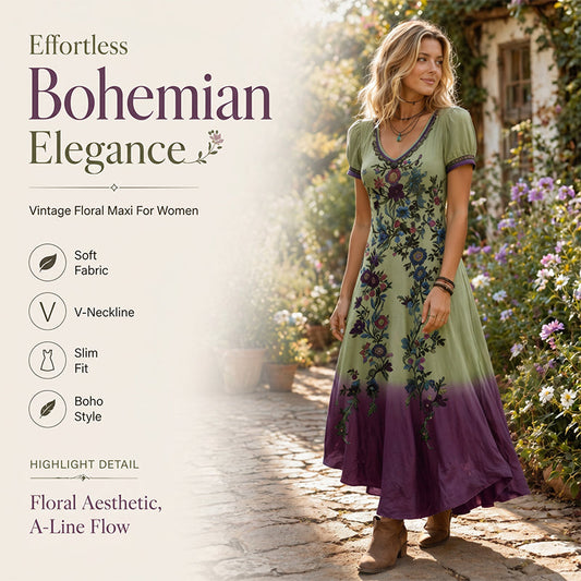 🌸✨Women's Vintage V-Neck Floral Maxi Dress – Flowy, Comfortable & Beautifully Feminine☀️