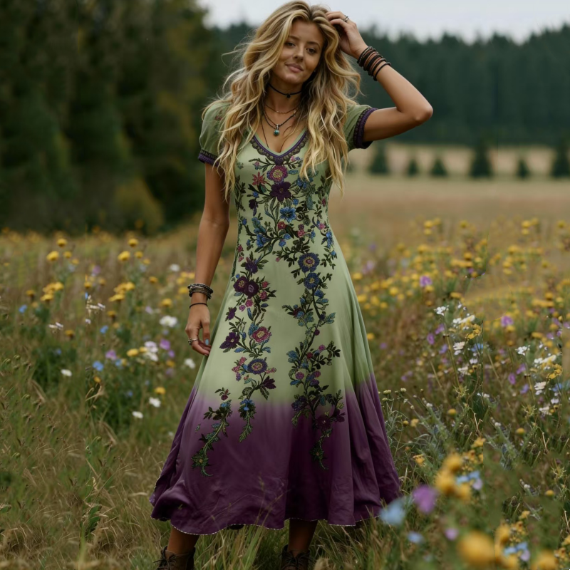 🌸✨Women's Vintage V-Neck Floral Maxi Dress – Flowy, Comfortable & Beautifully Feminine☀️