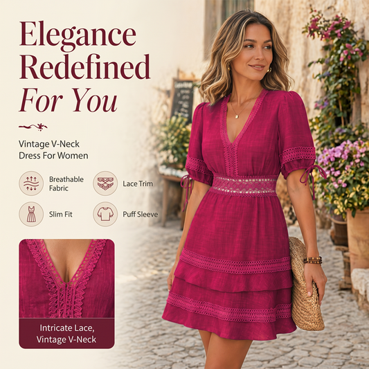 🌸Women's V-Neck Lace Tiered Ruffle Dress – Lace Details, Flattering Fit & Effortless Elegance 💐