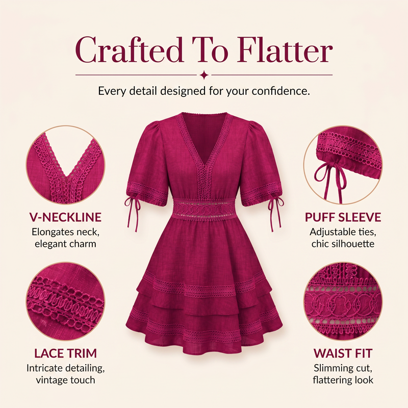 🌸Women's V-Neck Lace Tiered Ruffle Dress – Lace Details, Flattering Fit & Effortless Elegance 💐