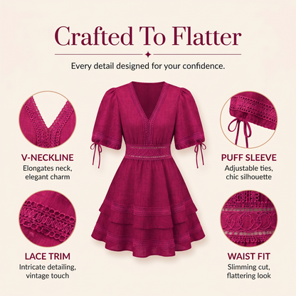 🌸Women's V-Neck Lace Tiered Ruffle Dress – Lace Details, Flattering Fit & Effortless Elegance 💐