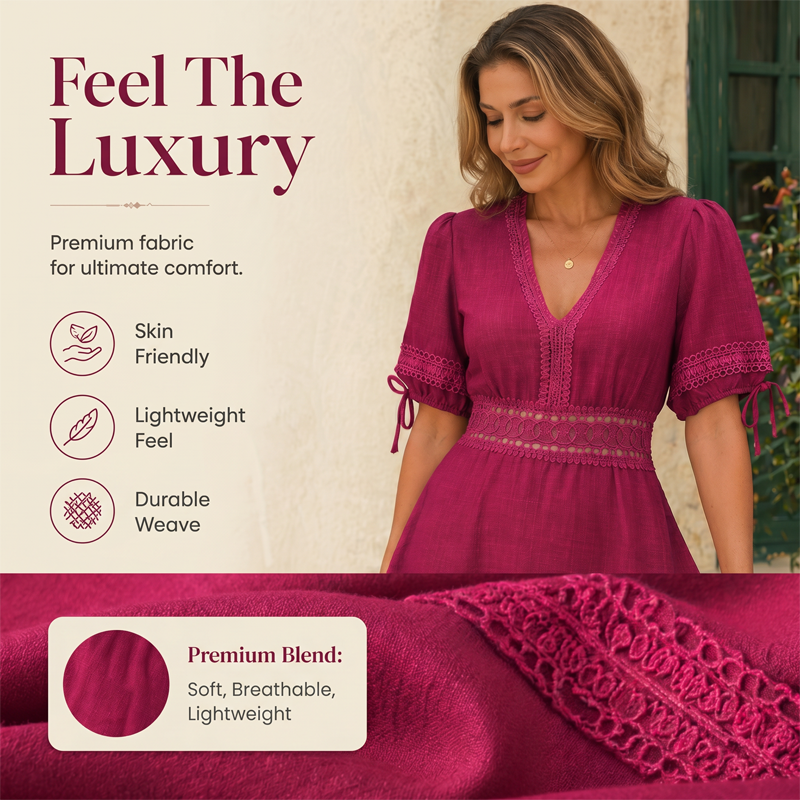 🌸Women's V-Neck Lace Tiered Ruffle Dress – Lace Details, Flattering Fit & Effortless Elegance 💐
