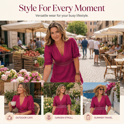 🌸Women's V-Neck Lace Tiered Ruffle Dress – Lace Details, Flattering Fit & Effortless Elegance 💐