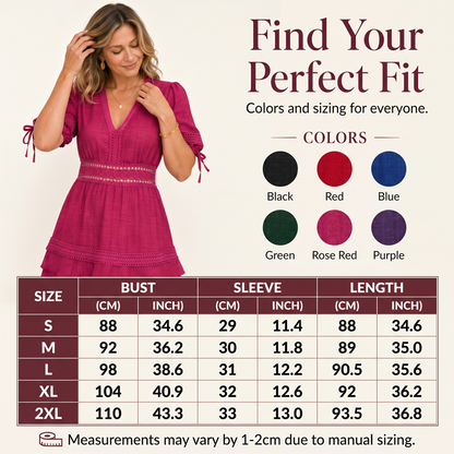 🌸Women's V-Neck Lace Tiered Ruffle Dress – Lace Details, Flattering Fit & Effortless Elegance 💐