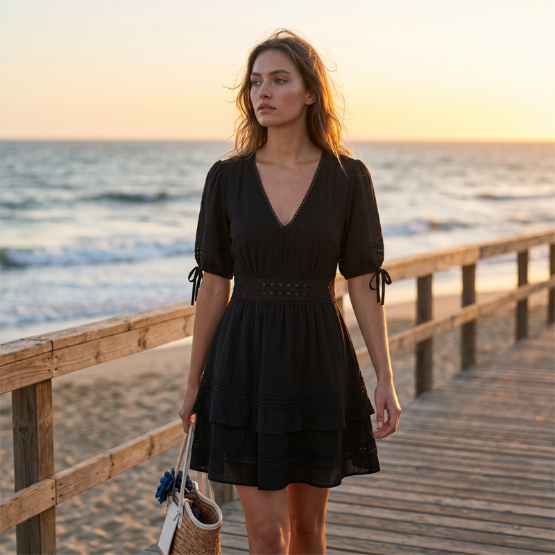 🌸Women's V-Neck Lace Tiered Ruffle Dress – Lace Details, Flattering Fit & Effortless Elegance 💐