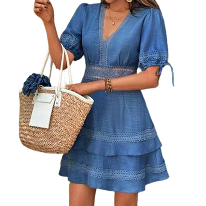🌸Women's V-Neck Lace Tiered Ruffle Dress – Lace Details, Flattering Fit & Effortless Elegance 💐