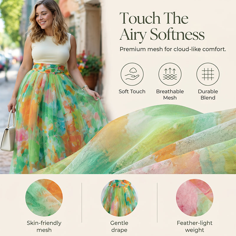 🌺 Women's Watercolor Floral Print Tulle Midi Skirt – Feminine, Flowy & Perfect For Any Occasion 💐