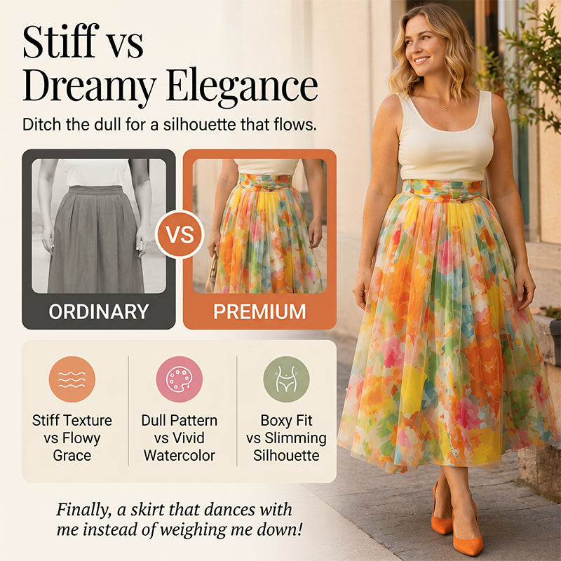 🌺 Women's Watercolor Floral Print Tulle Midi Skirt – Feminine, Flowy & Perfect For Any Occasion 💐