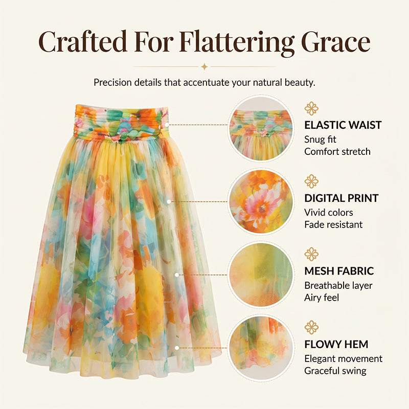 🌺 Women's Watercolor Floral Print Tulle Midi Skirt – Feminine, Flowy & Perfect For Any Occasion 💐