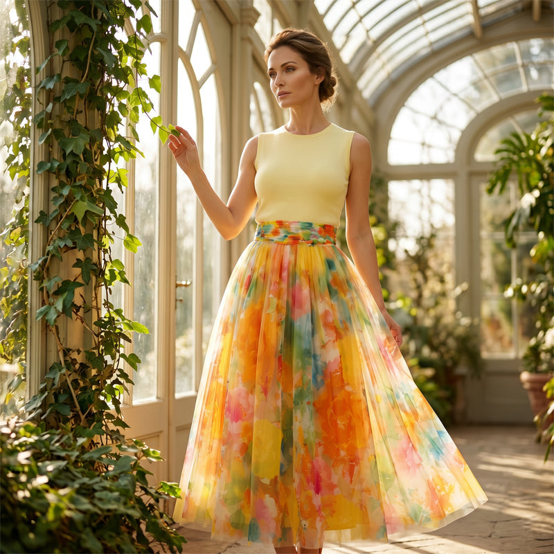 🌺 Women's Watercolor Floral Print Tulle Midi Skirt – Feminine, Flowy & Perfect For Any Occasion 💐
