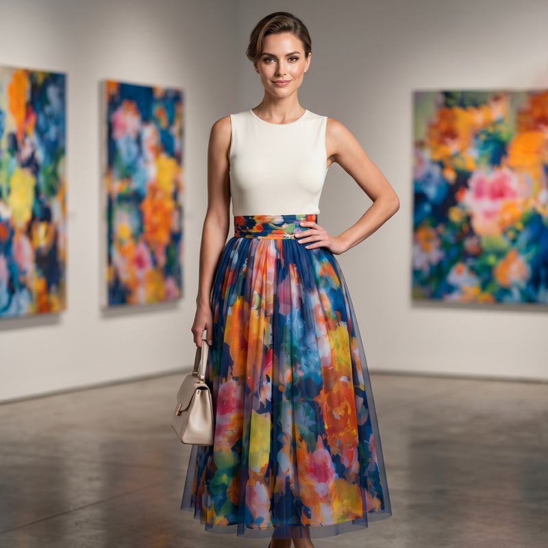 🌺 Women's Watercolor Floral Print Tulle Midi Skirt – Feminine, Flowy & Perfect For Any Occasion 💐