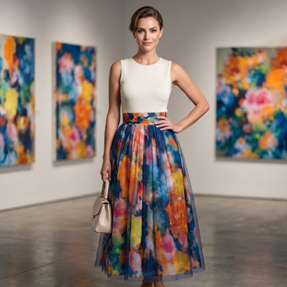 🌺 Women's Watercolor Floral Print Tulle Midi Skirt – Feminine, Flowy & Perfect For Any Occasion 💐