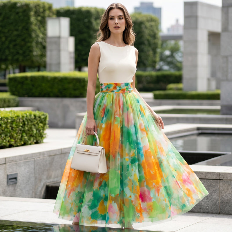 🌺 Women's Watercolor Floral Print Tulle Midi Skirt – Feminine, Flowy & Perfect For Any Occasion 💐