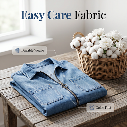 💙 50% Rabatt heute – Damen lässiges Jeanshemdkleid Lockerer Revers Kurzarm Reißverschlusskleid mit Taschen✨