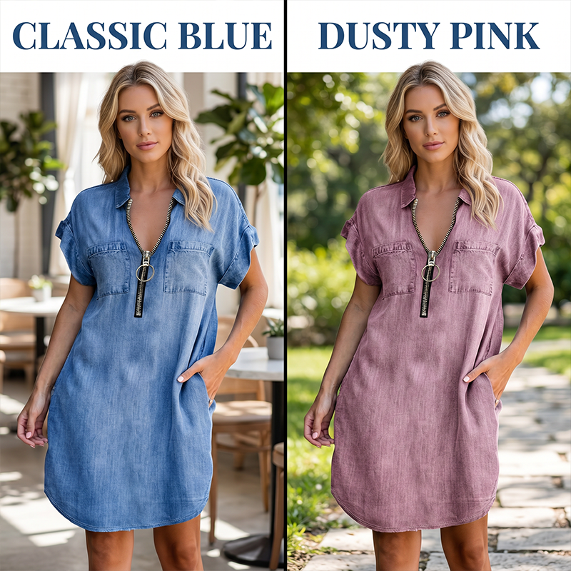 💙 50% Rabatt heute – Damen lässiges Jeanshemdkleid Lockerer Revers Kurzarm Reißverschlusskleid mit Taschen✨