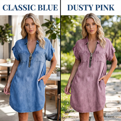 💙 50% Rabatt heute – Damen lässiges Jeanshemdkleid Lockerer Revers Kurzarm Reißverschlusskleid mit Taschen✨