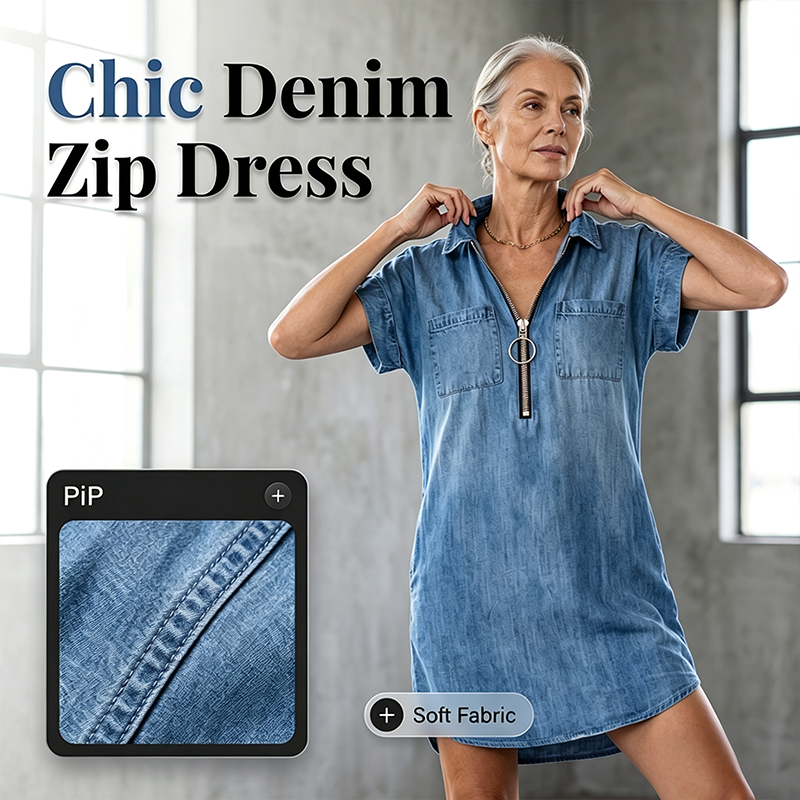 💙 50% Rabatt heute – Damen lässiges Jeanshemdkleid Lockerer Revers Kurzarm Reißverschlusskleid mit Taschen✨
