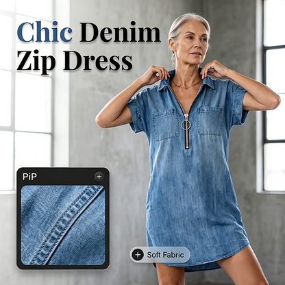 💙 50% Rabatt heute – Damen lässiges Jeanshemdkleid Lockerer Revers Kurzarm Reißverschlusskleid mit Taschen✨