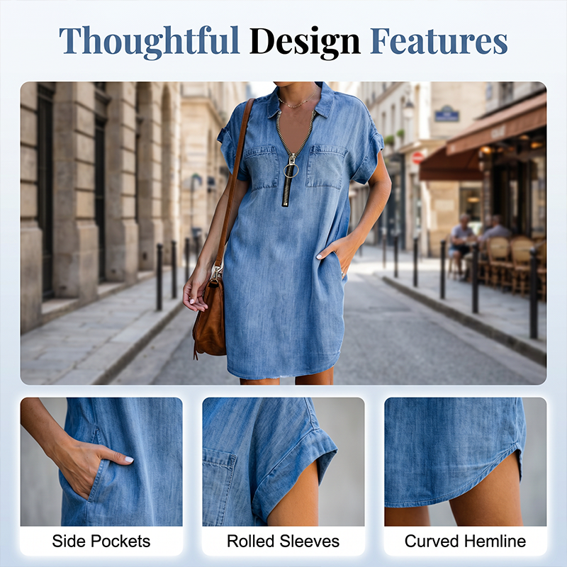 💙 50% Rabatt heute – Damen lässiges Jeanshemdkleid Lockerer Revers Kurzarm Reißverschlusskleid mit Taschen✨
