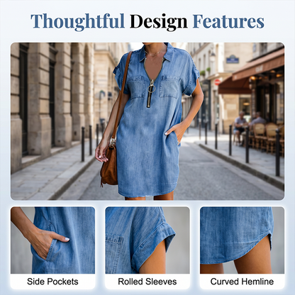 💙 50% Rabatt heute – Damen lässiges Jeanshemdkleid Lockerer Revers Kurzarm Reißverschlusskleid mit Taschen✨