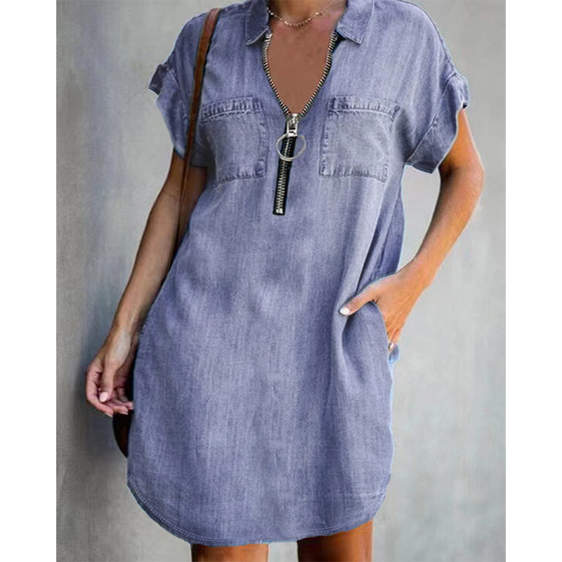 💙 50% Rabatt heute – Damen lässiges Jeanshemdkleid Lockerer Revers Kurzarm Reißverschlusskleid mit Taschen✨