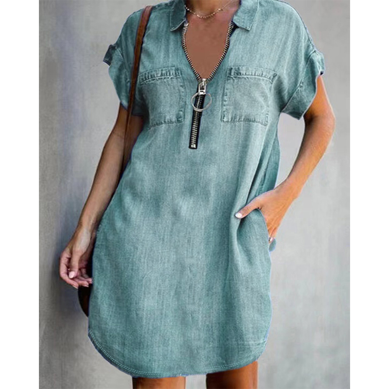 💙 50% Rabatt heute – Damen lässiges Jeanshemdkleid Lockerer Revers Kurzarm Reißverschlusskleid mit Taschen✨