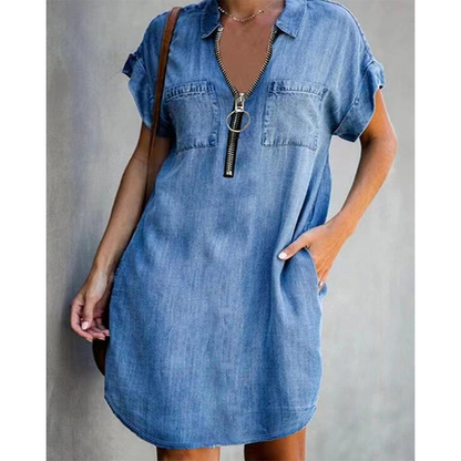 💙 50% Rabatt heute – Damen lässiges Jeanshemdkleid Lockerer Revers Kurzarm Reißverschlusskleid mit Taschen✨