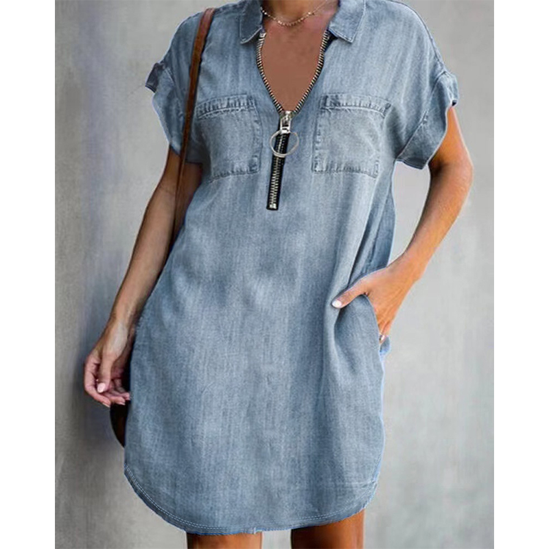 💙 50% Rabatt heute – Damen lässiges Jeanshemdkleid Lockerer Revers Kurzarm Reißverschlusskleid mit Taschen✨