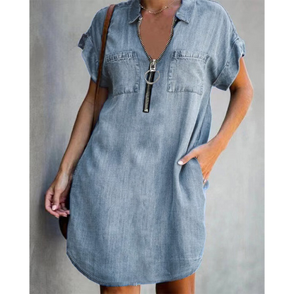 💙 50% Rabatt heute – Damen lässiges Jeanshemdkleid Lockerer Revers Kurzarm Reißverschlusskleid mit Taschen✨