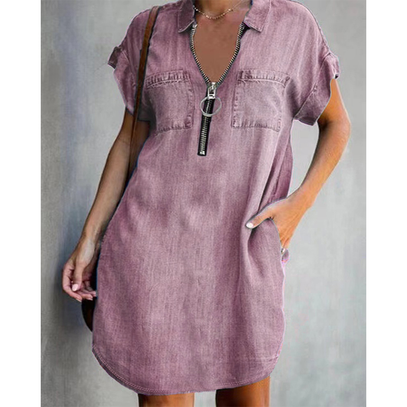 💙 50% Rabatt heute – Damen lässiges Jeanshemdkleid Lockerer Revers Kurzarm Reißverschlusskleid mit Taschen✨