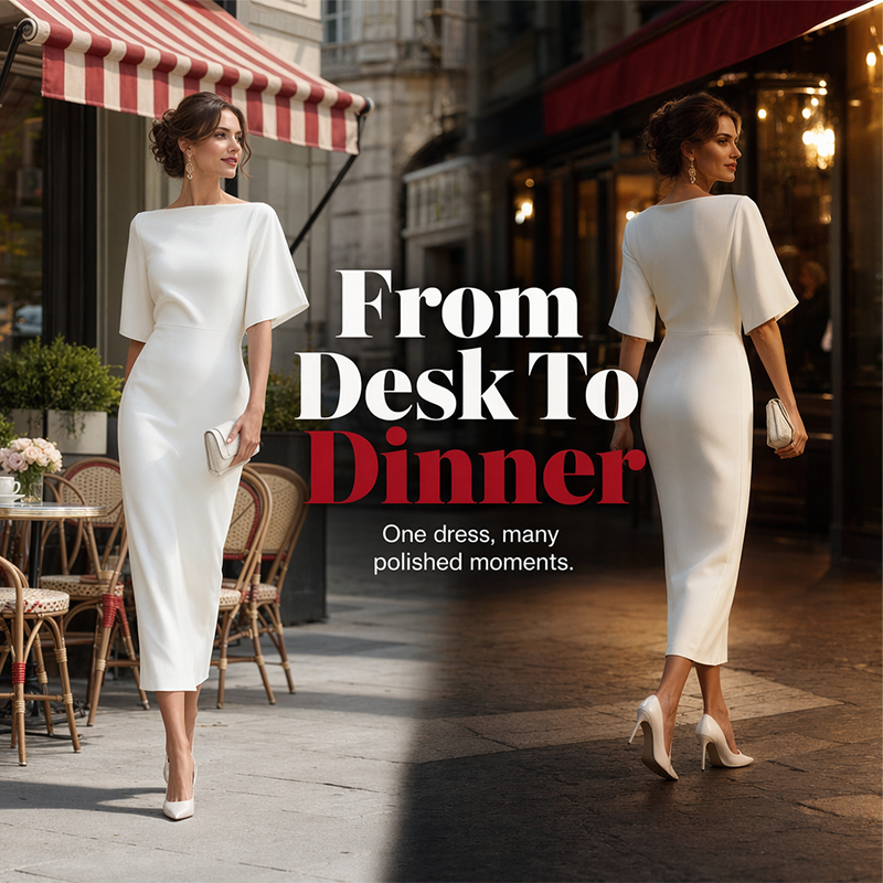 💃✨Women Elegant Boat Neck Flutter Sleeve Dress – Flattering Fit From Office To Evening 💕