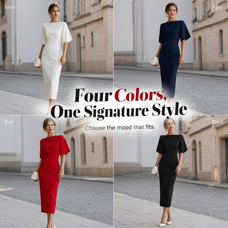 💃✨Women Elegant Boat Neck Flutter Sleeve Dress – Flattering Fit From Office To Evening 💕