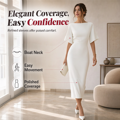 💃✨Women Elegant Boat Neck Flutter Sleeve Dress – Flattering Fit From Office To Evening 💕