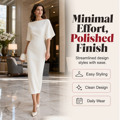 💃✨Women Elegant Boat Neck Flutter Sleeve Dress – Flattering Fit From Office To Evening 💕