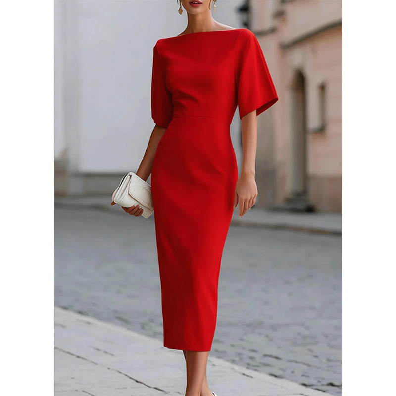 💃✨Women Elegant Boat Neck Flutter Sleeve Dress – Flattering Fit From Office To Evening 💕
