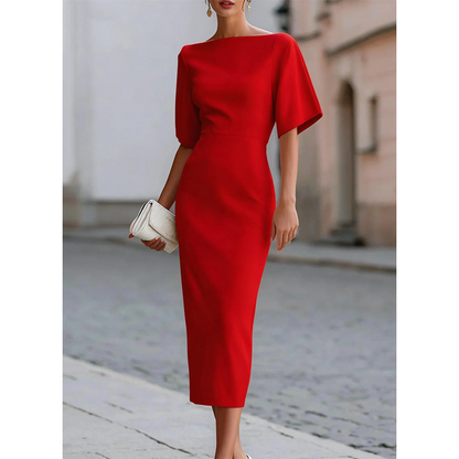 💃✨Women Elegant Boat Neck Flutter Sleeve Dress – Flattering Fit From Office To Evening 💕