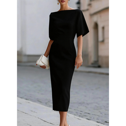 💃✨Women Elegant Boat Neck Flutter Sleeve Dress – Flattering Fit From Office To Evening 💕